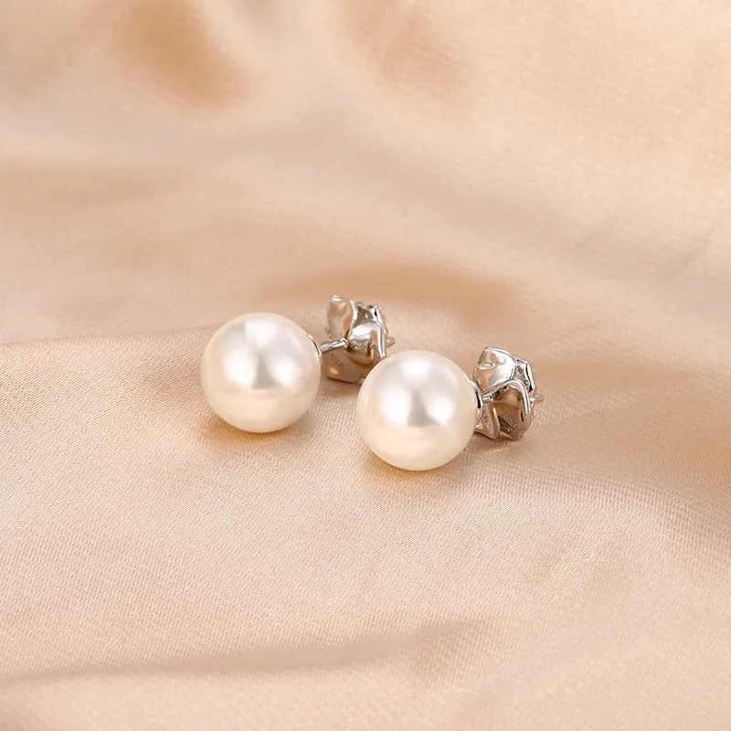 Full Zircon Camellia with Pearl Silver Studs Earrings for Women