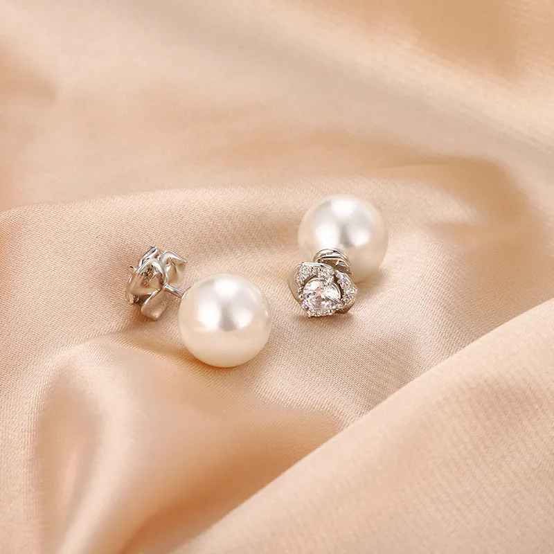 Full Zircon Camellia with Pearl Silver Studs Earrings for Women