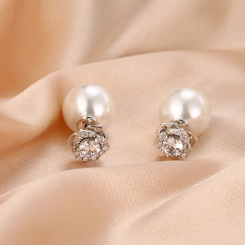 Full Zircon Camellia with Pearl Silver Studs Earrings for Women