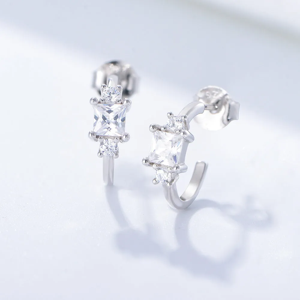 Geometric Square Zircon Sterling Silver Studs Earrings for Women