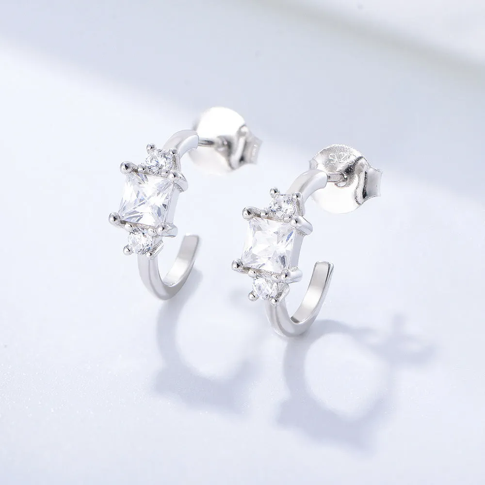 Geometric Square Zircon Sterling Silver Studs Earrings for Women