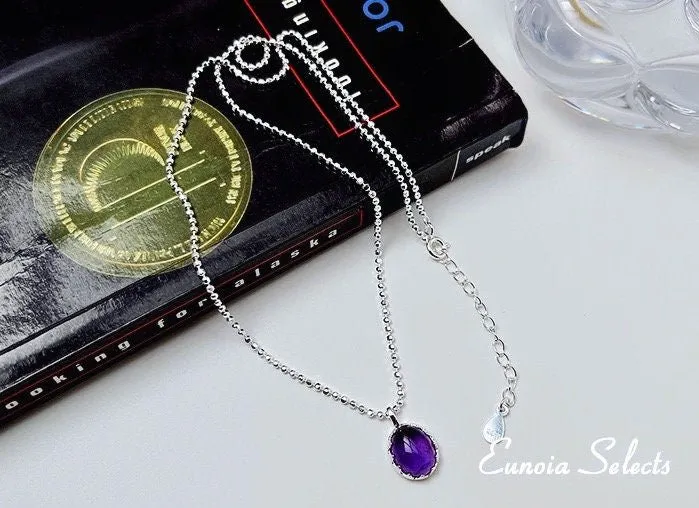 Gia Purple Carnelian Pendant Necklace, S925 Silver Beads Chain | Y2K Jewelry