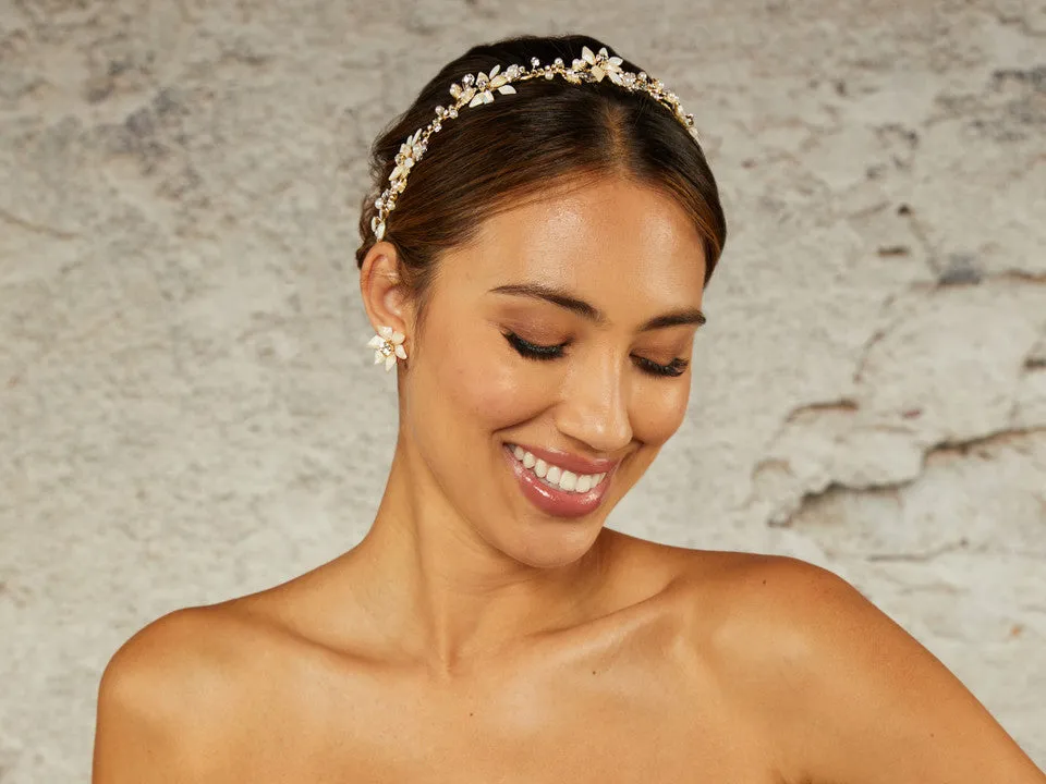 Gold Beaded Flower Bridal Headband with Opal Stones