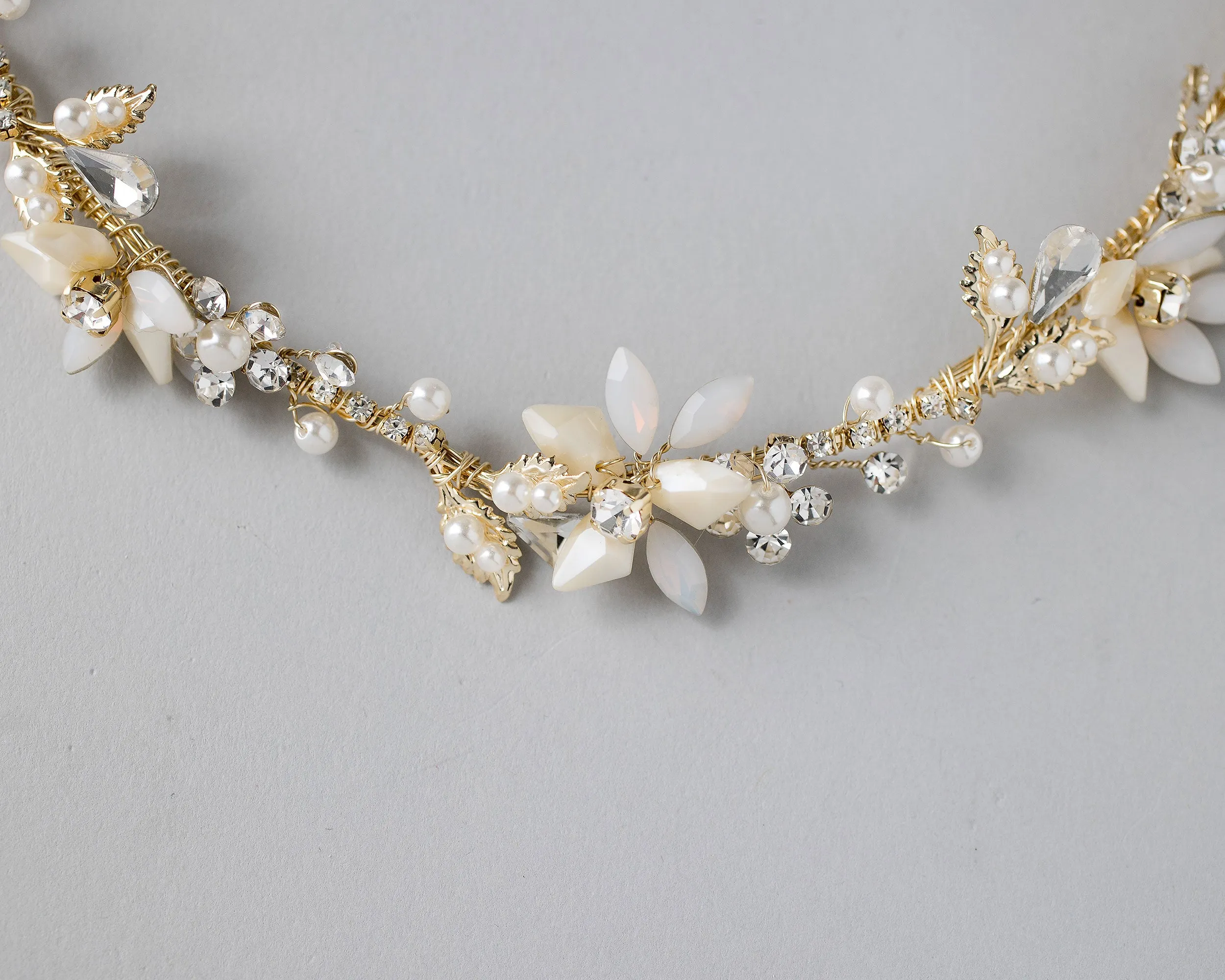 Gold Beaded Flower Bridal Headband with Opal Stones