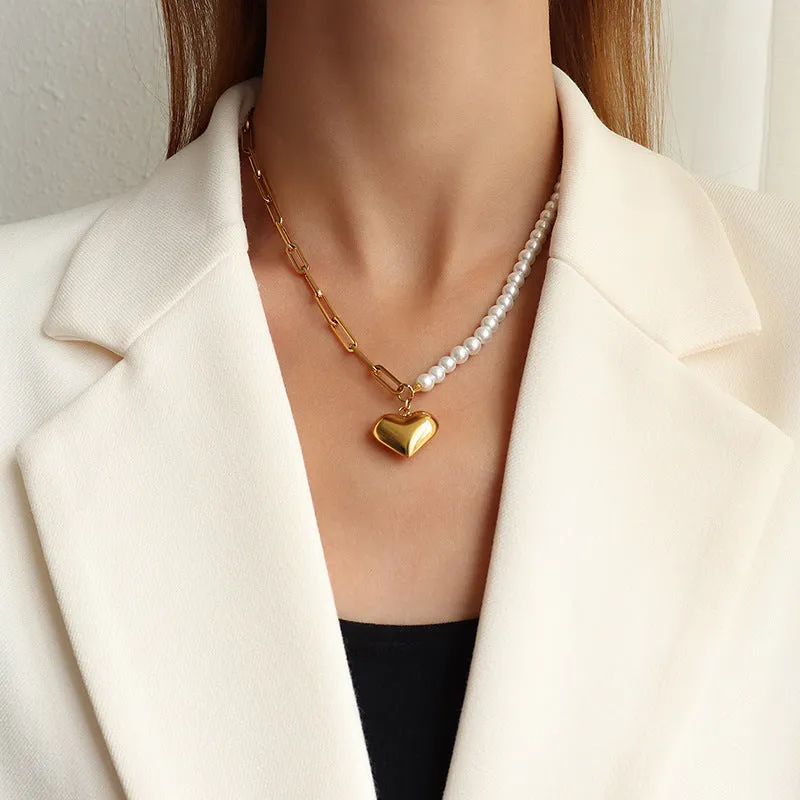 Gold Heart Pendant Half Pearl Half Paperclip Necklace