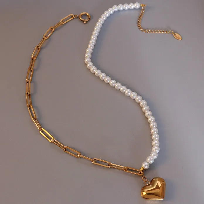 Gold Heart Pendant Half Pearl Half Paperclip Necklace