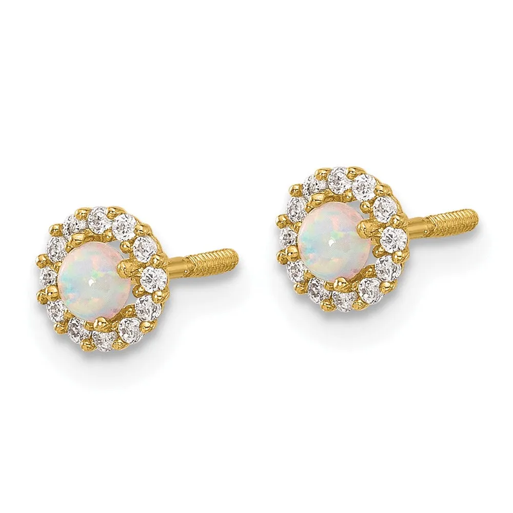 Gold Polished CZ and Created Opal Circle Screwback Post Earrings - Model YE2134