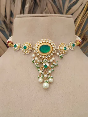 Green Color Gold Plated Jadau Kundan Necklace Set - MS1695YGR