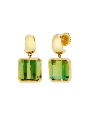 Green Tourmaline Chime Drop Yellow Gold Earrings