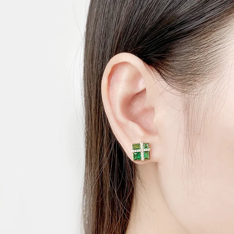 Green Zircon Square Silver Studs Earrings for Women