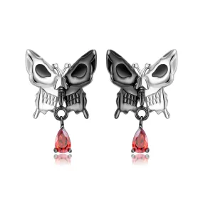 Halloween Double Sided Skull Face Butterfly Pear Shape Red Zircon Silver Stud Earrings