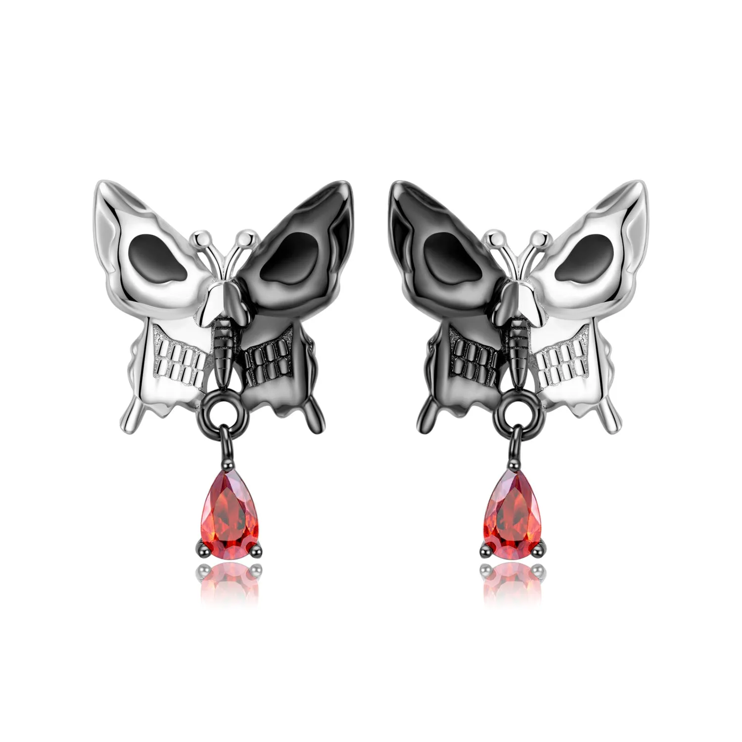 Halloween Double Sided Skull Face Butterfly Pear Shape Red Zircon Silver Stud Earrings