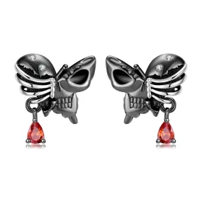 Halloween Skull Body Skeleton Butterfly Pear Shape Red Zircon Silver Stud Earrings