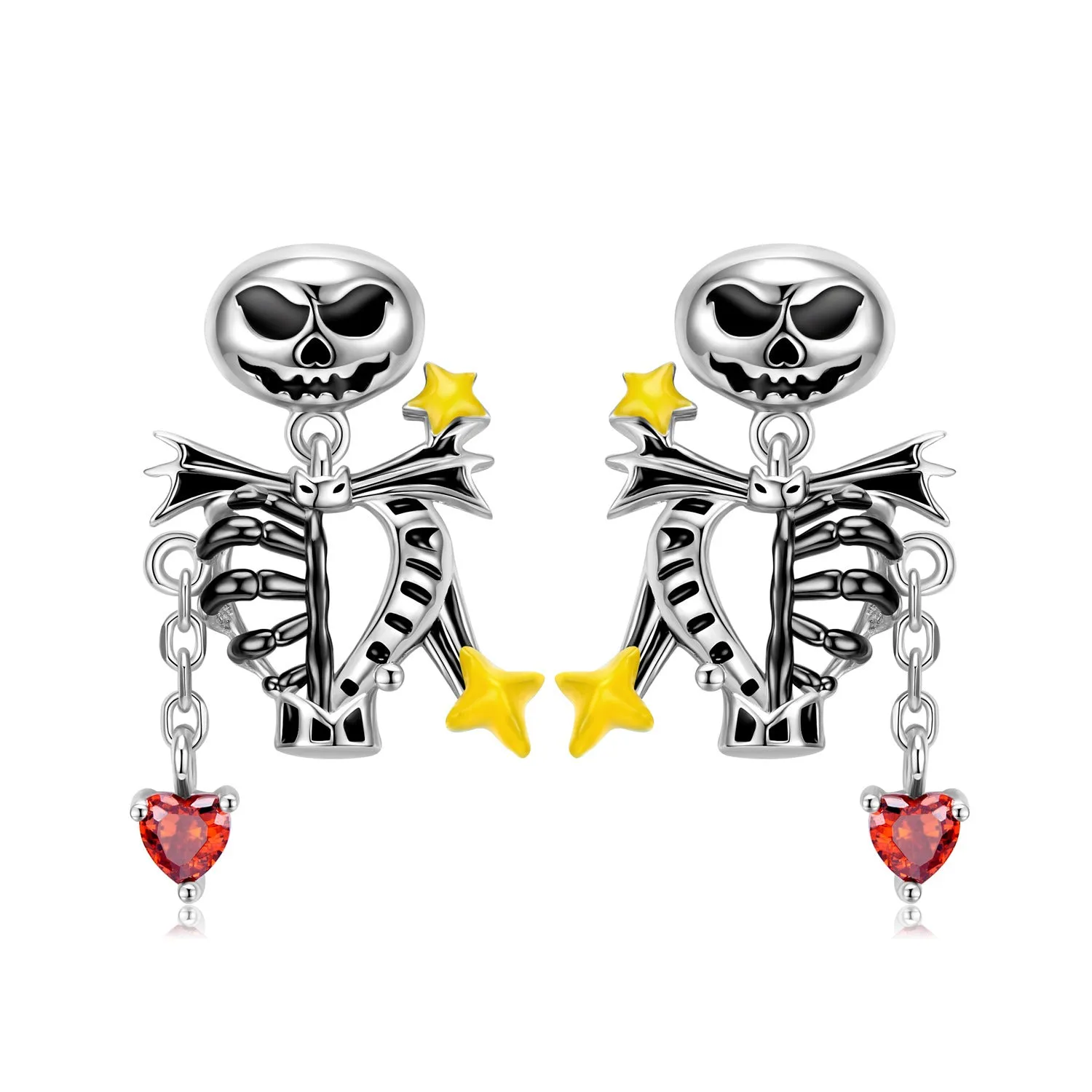 Halloween Skull Skeleton Tassel Heart Shape Red Zircon Silver Drop Earrings