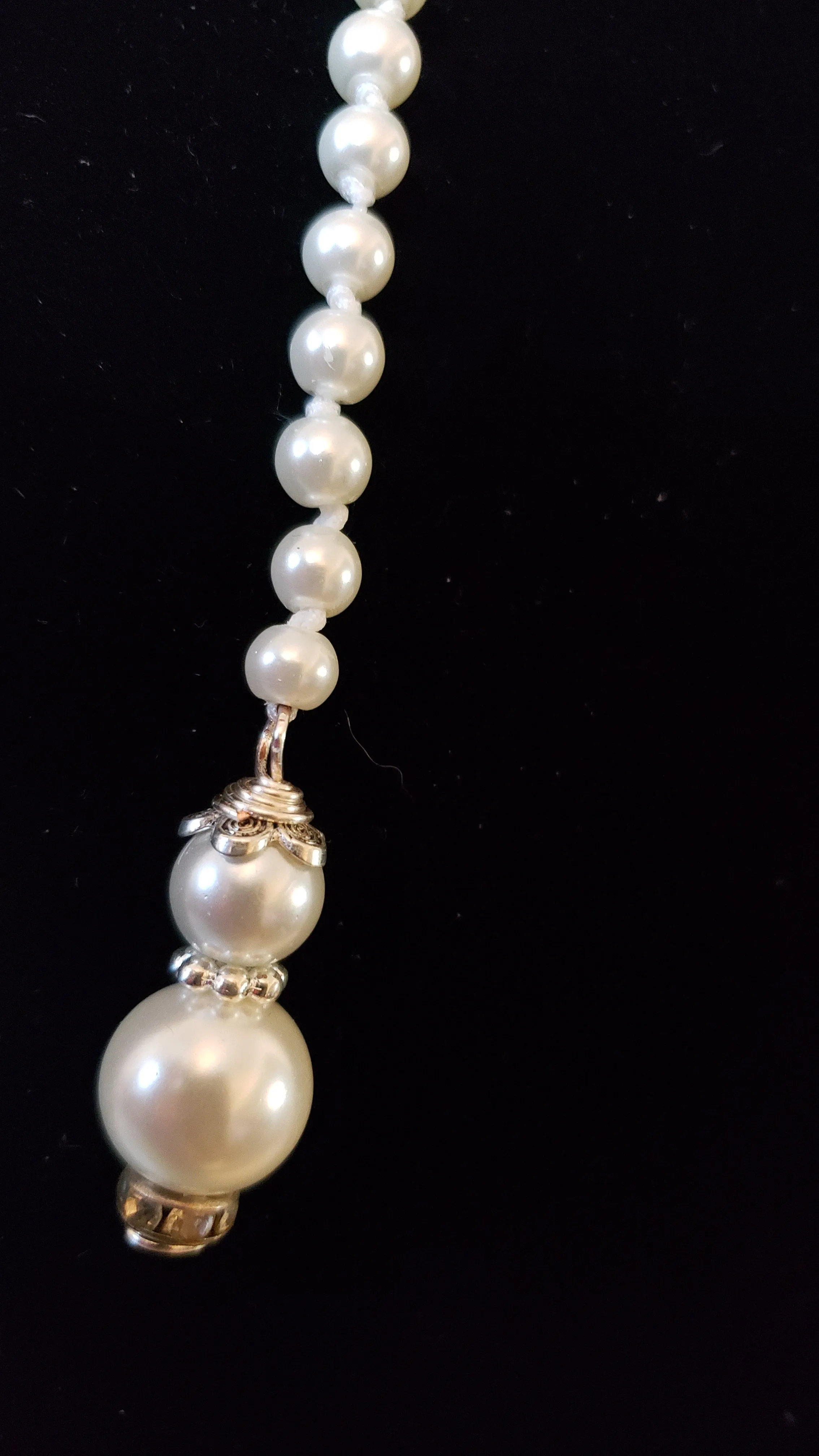 Hand Knotted Pearl 36" Lariat style Necklace with Silver Tone & Austrian Crystal Accents  