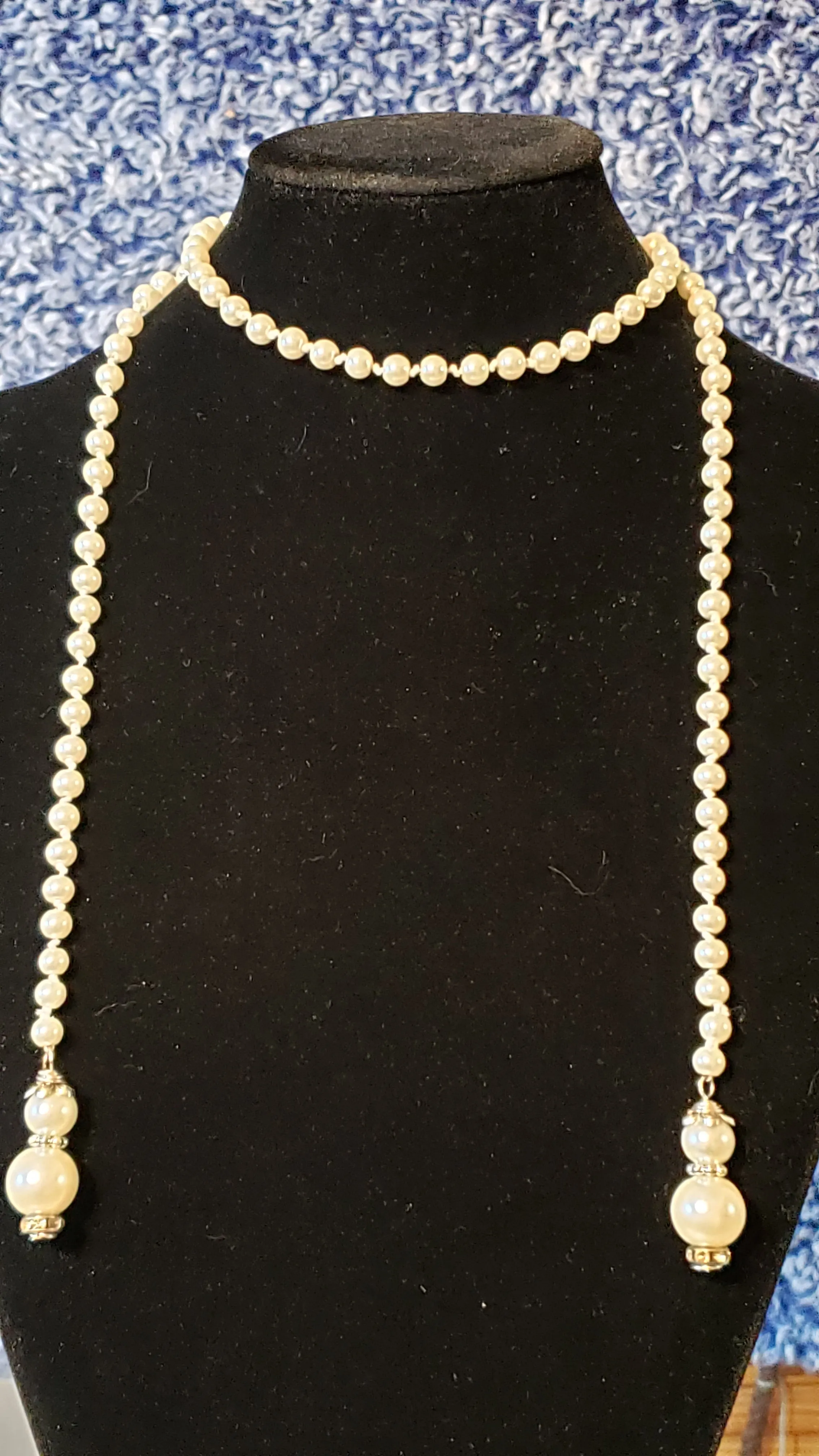 Hand Knotted Pearl 36" Lariat style Necklace with Silver Tone & Austrian Crystal Accents  