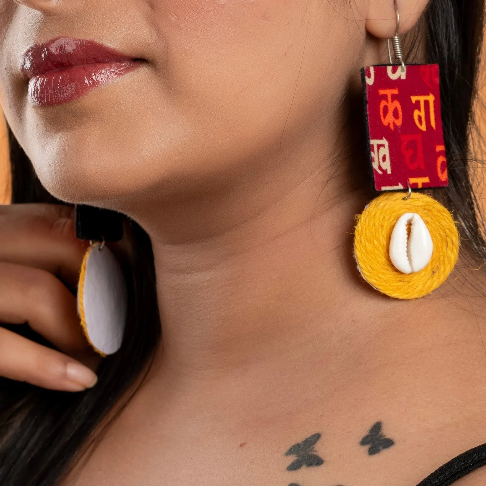 Handmade Fabric Earrings - Red Block Print with Yellow Jute Cowrie, Non-Allergic