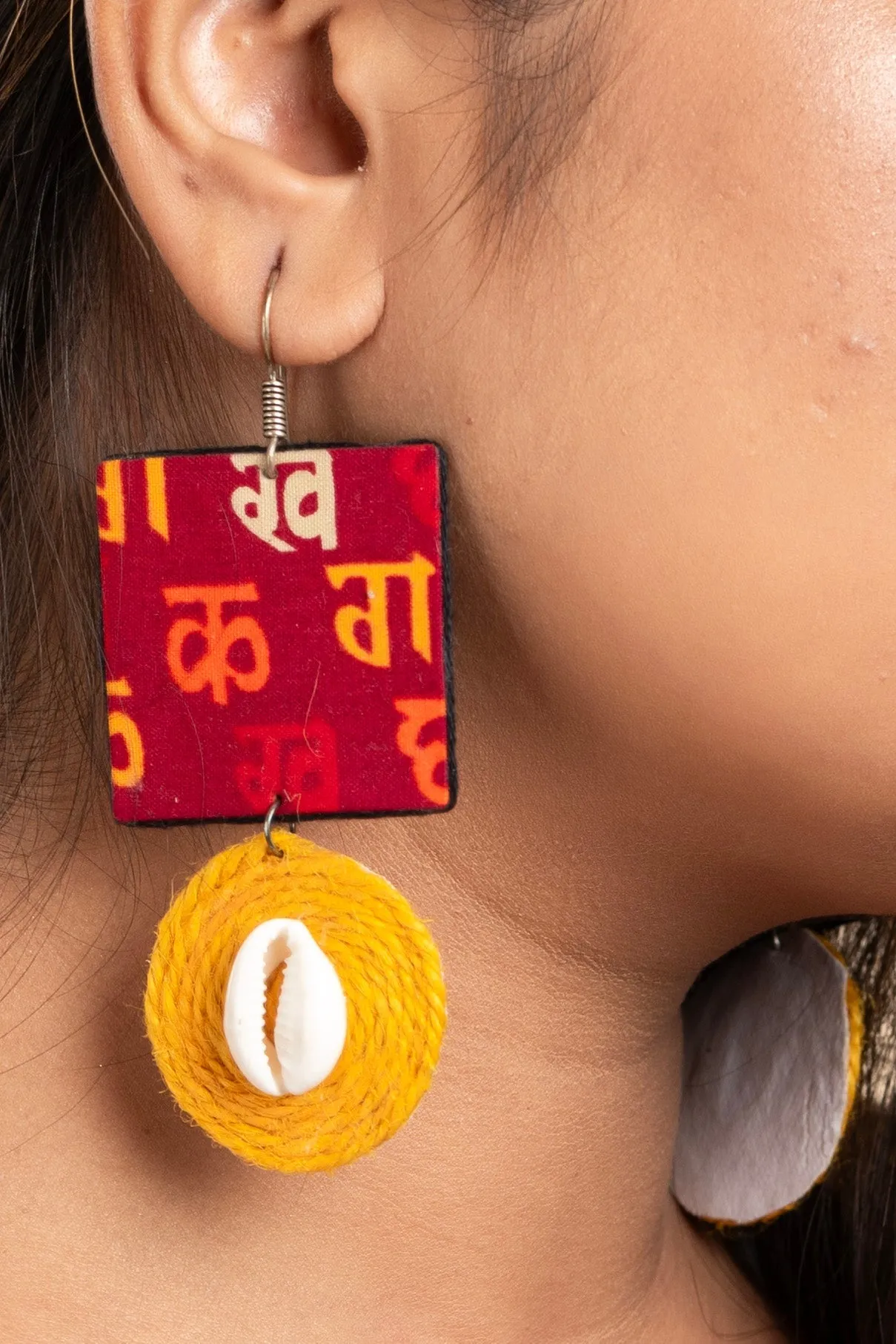 Handmade Fabric Earrings - Red Block Print with Yellow Jute Cowrie, Non-Allergic