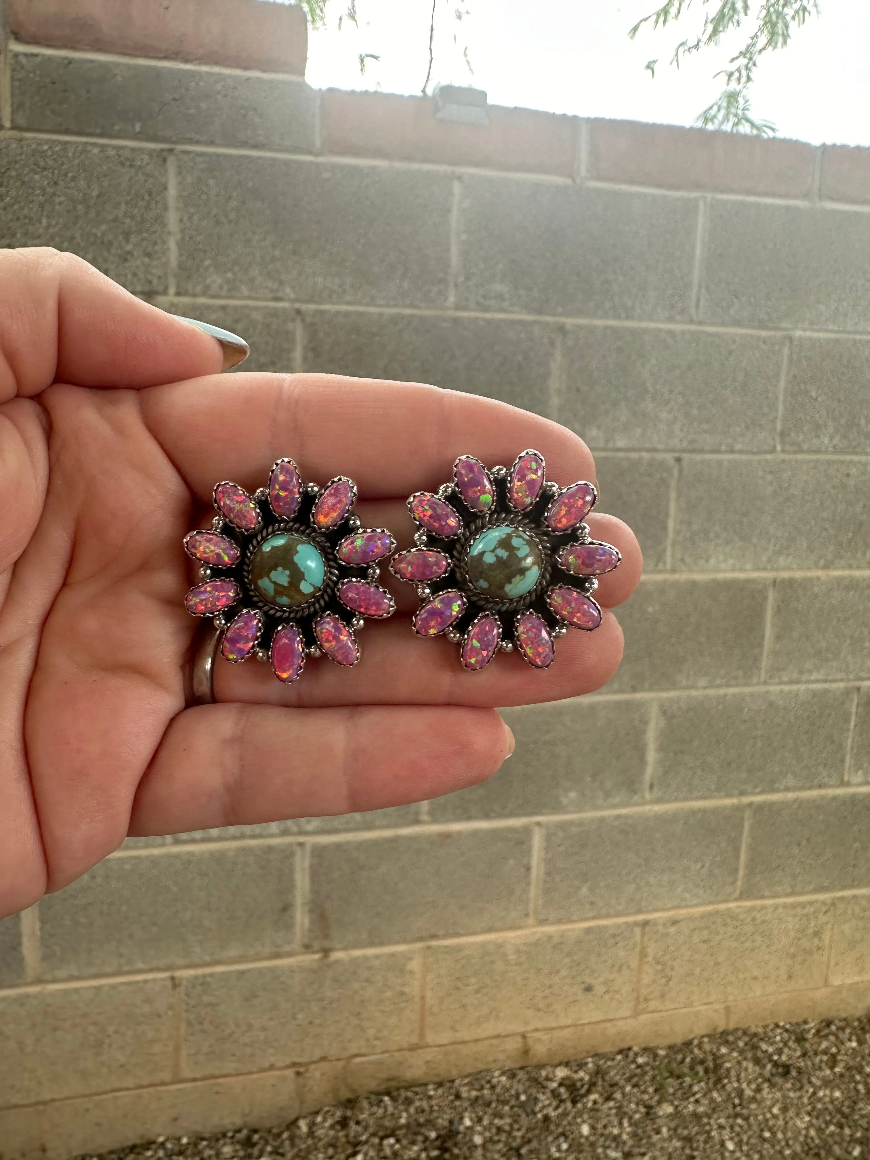 Handmade Flower Sterling Silver, Fire Pink Opal, Number 8 Turquoise Cluster Post Earrings Signed Nizhoni