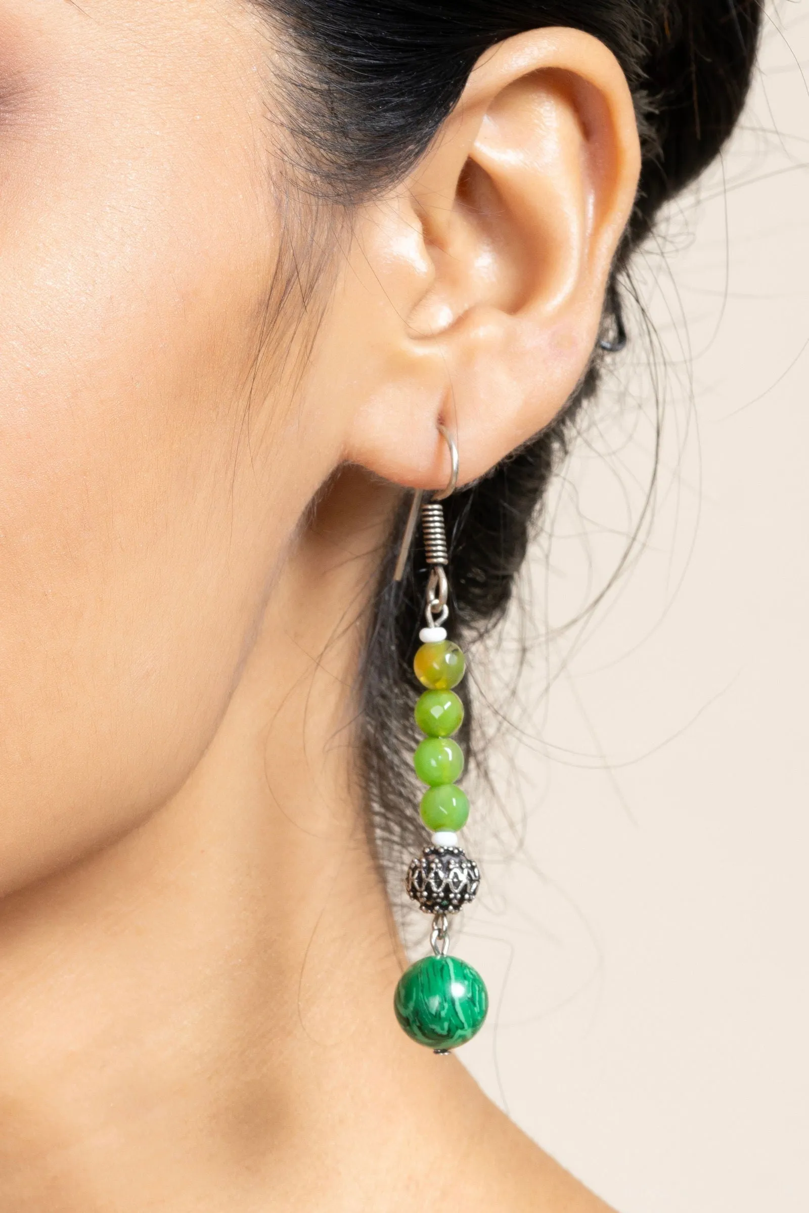 Handmade Green Malachite Onyx Dangle Earrings in German Silver - Unique Semi Precious Jewelry