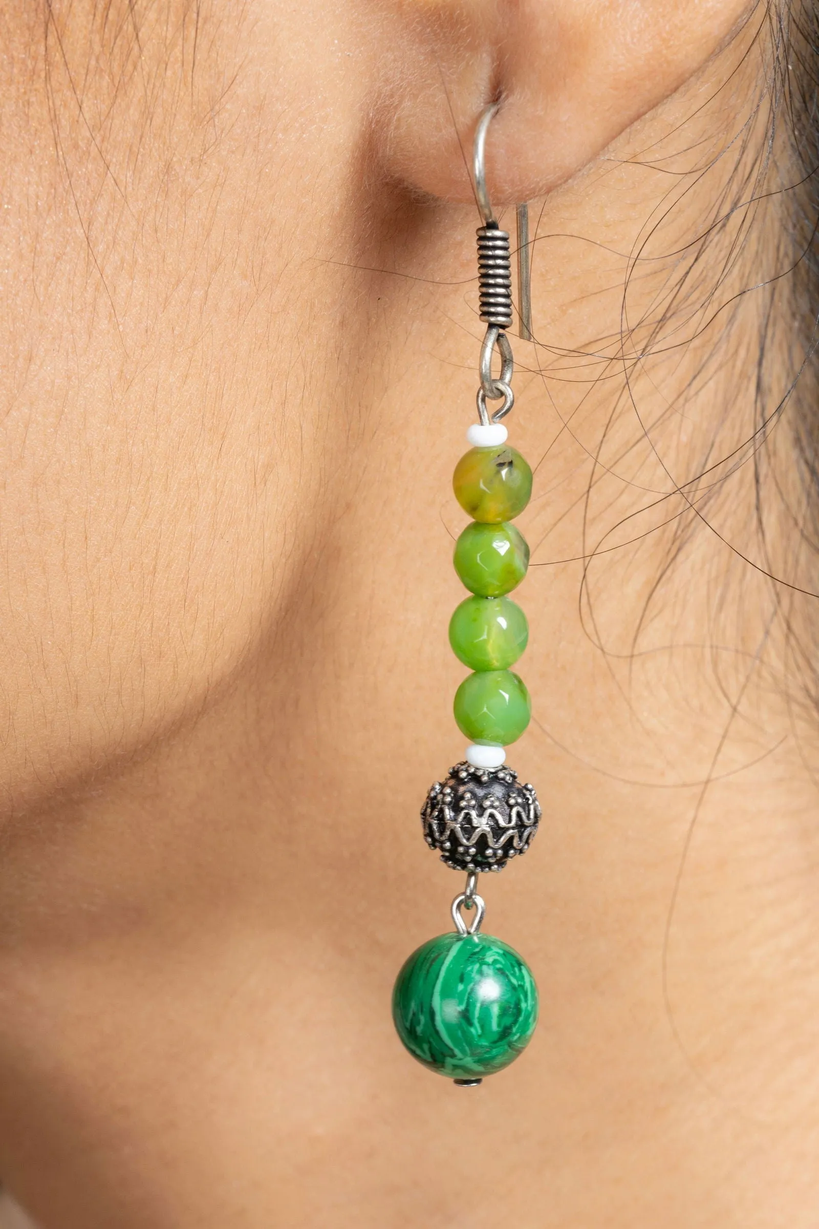 Handmade Green Malachite Onyx Dangle Earrings in German Silver - Unique Semi Precious Jewelry