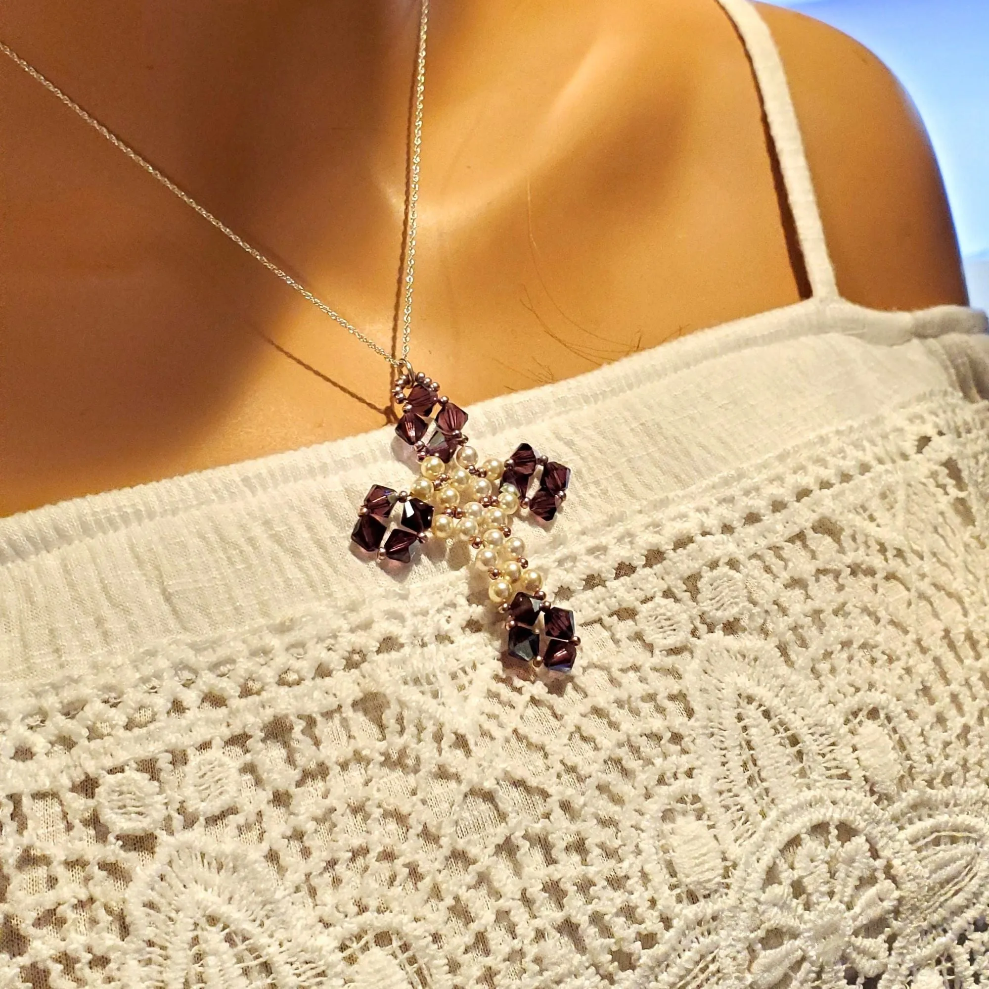 Handmade Vintage Bead Woven Purple Crystal Pearl Cross Necklace-Only One