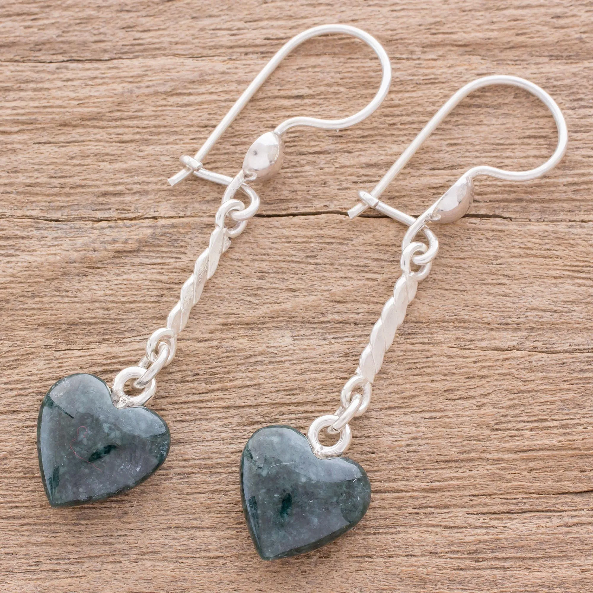 Heart-Shaped Dark Green Jade Dangle Earrings from Guatemala - Dark Green Spirals of Love | NOVICA