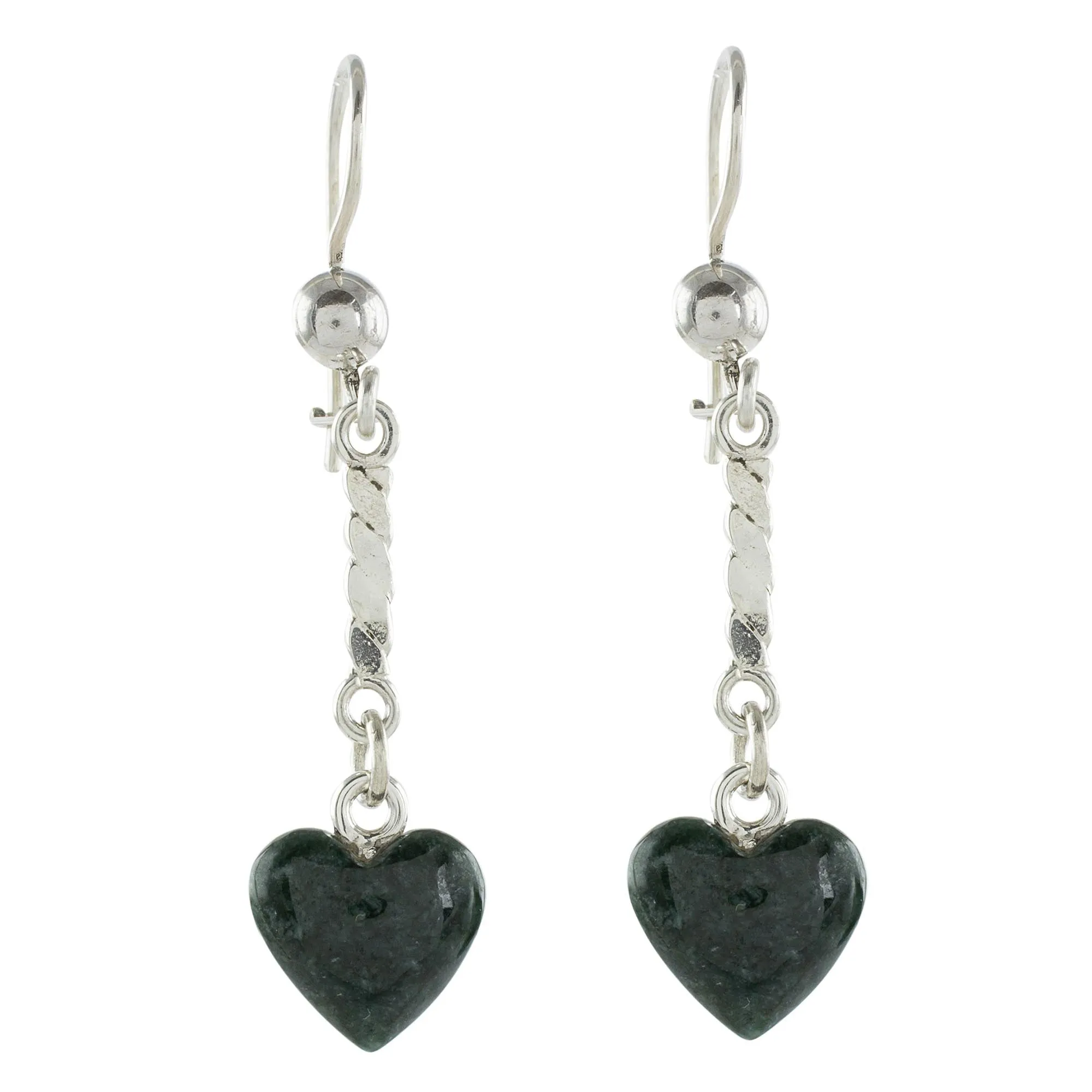 Heart-Shaped Dark Green Jade Dangle Earrings from Guatemala - Dark Green Spirals of Love | NOVICA