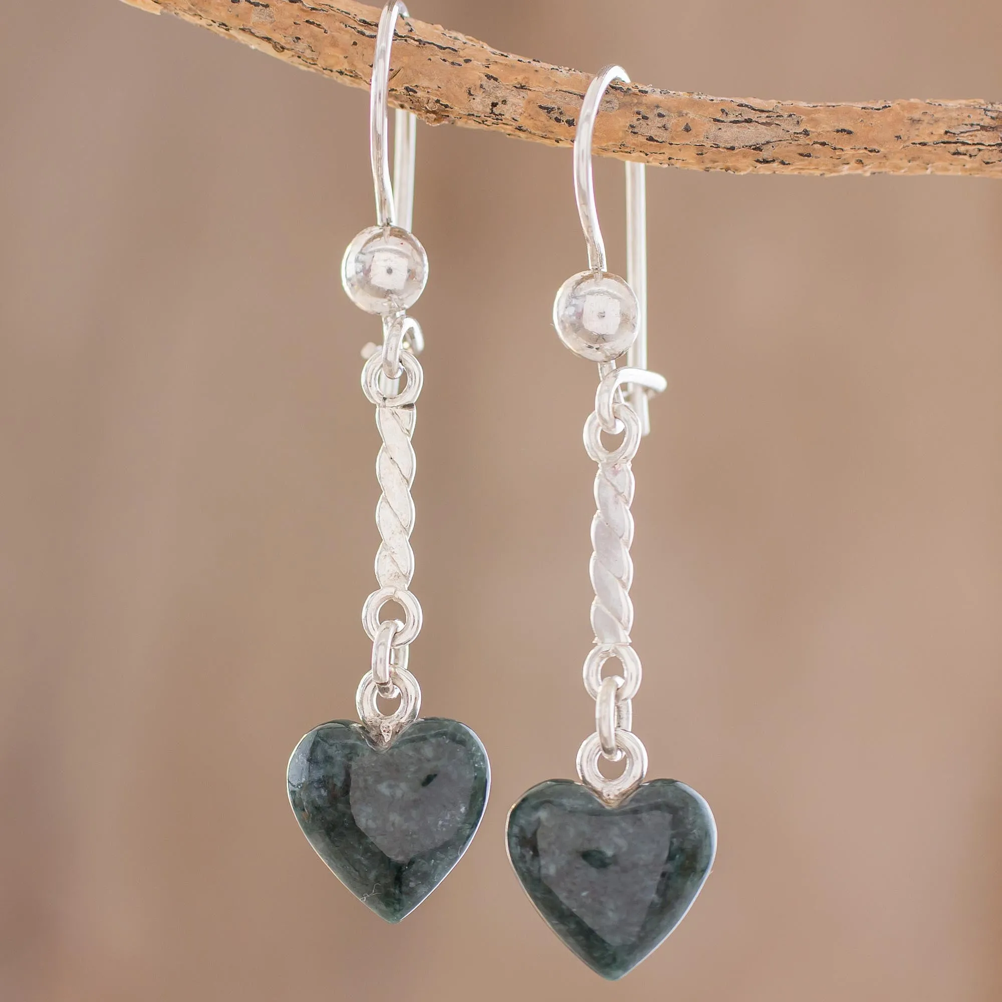 Heart-Shaped Dark Green Jade Dangle Earrings from Guatemala - Dark Green Spirals of Love | NOVICA