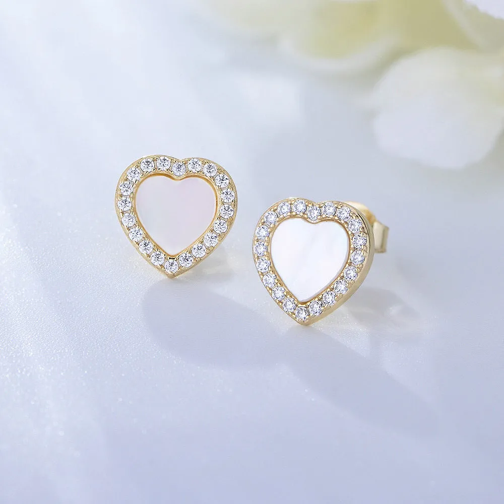 Heart-shaped Mother of Pearl with Zircon Silver Studs Earrings for Women