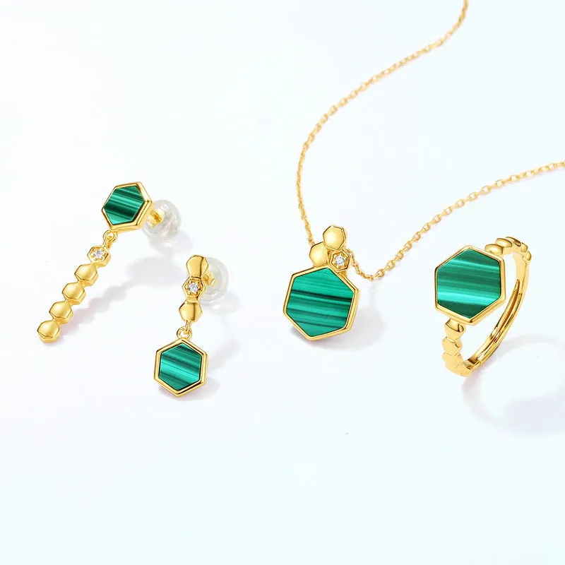 Hexagonal Green Malachite Honeycomb Asymmetrical Sterling Silver Earrings