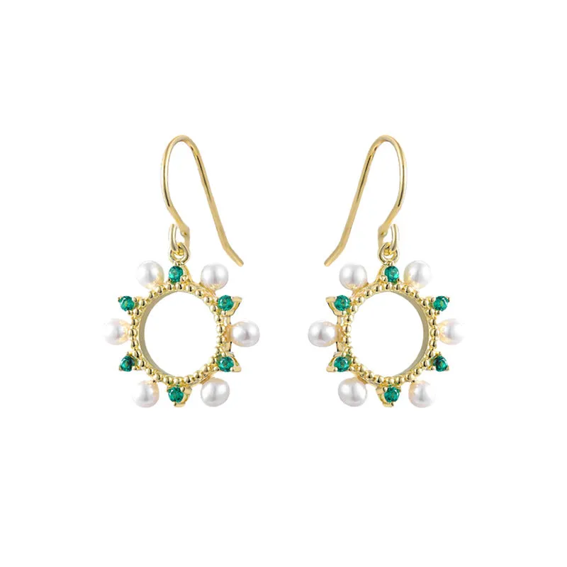 Hollow Circle with Green Zircon and Pearl Silver Drop Earrings for Women