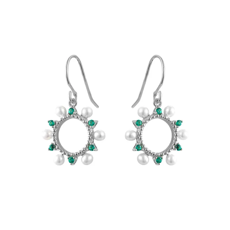 Hollow Circle with Green Zircon and Pearl Silver Drop Earrings for Women