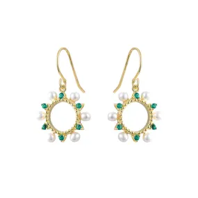 Hollow Circle with Green Zircon and Pearl Silver Drop Earrings for Women