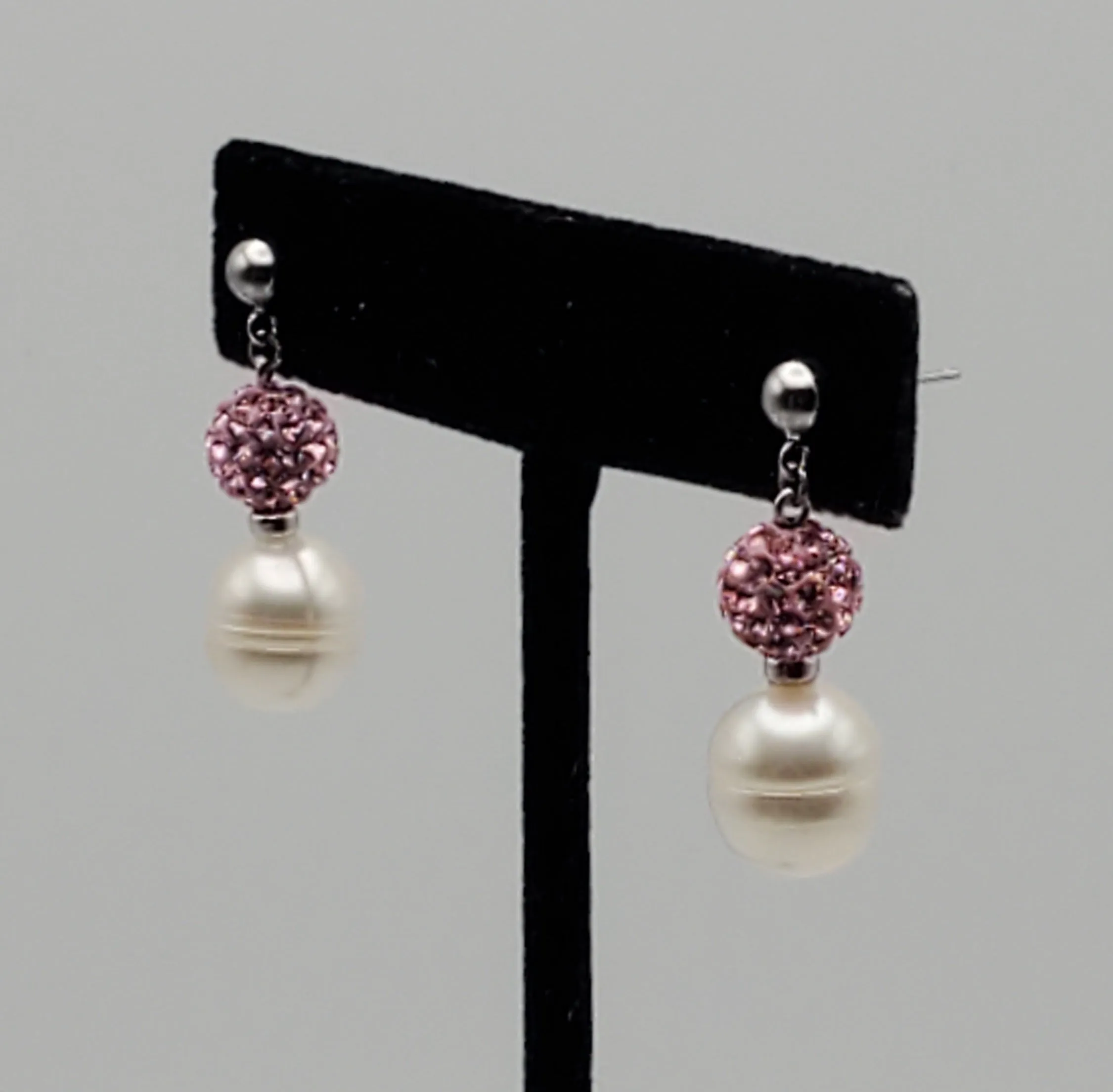 Honora - Vintage Pearl and Pink Rhinestones Sterling Silver Dangle Earrings