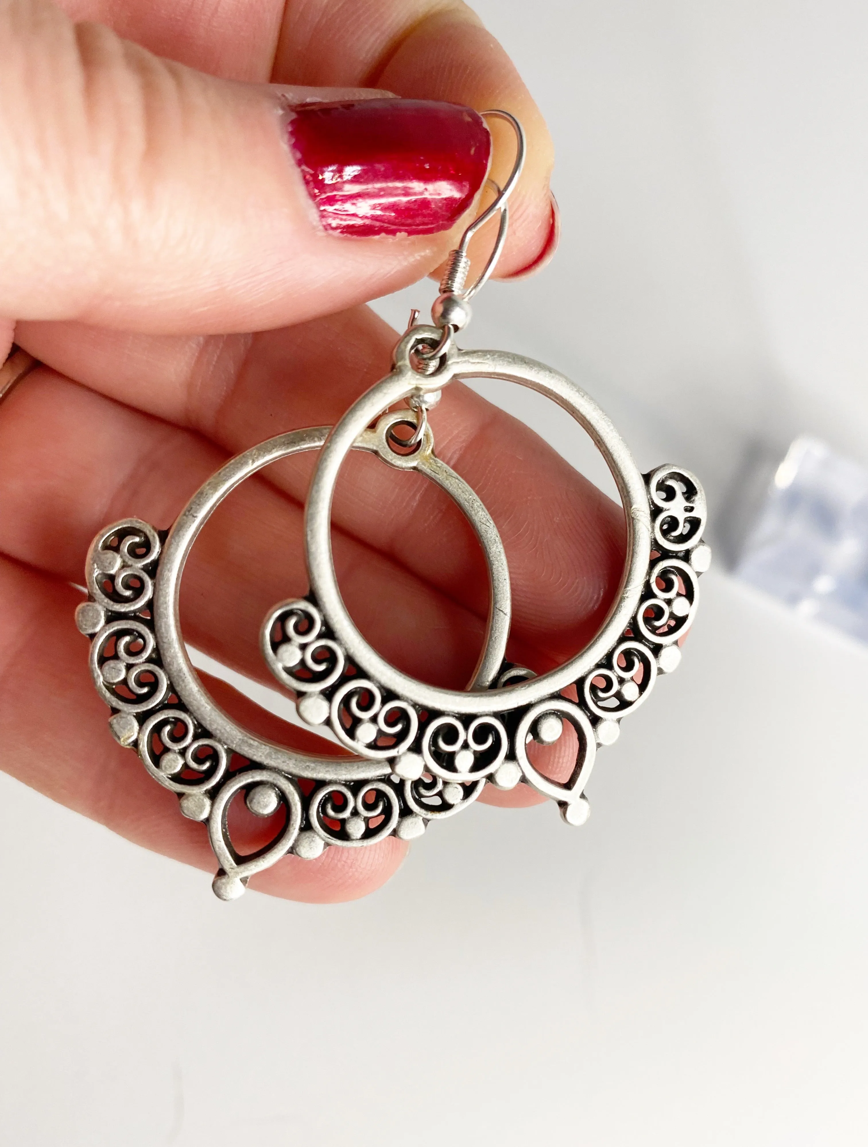 Hoop heart charm silver earrings, Sterling silver jewelry