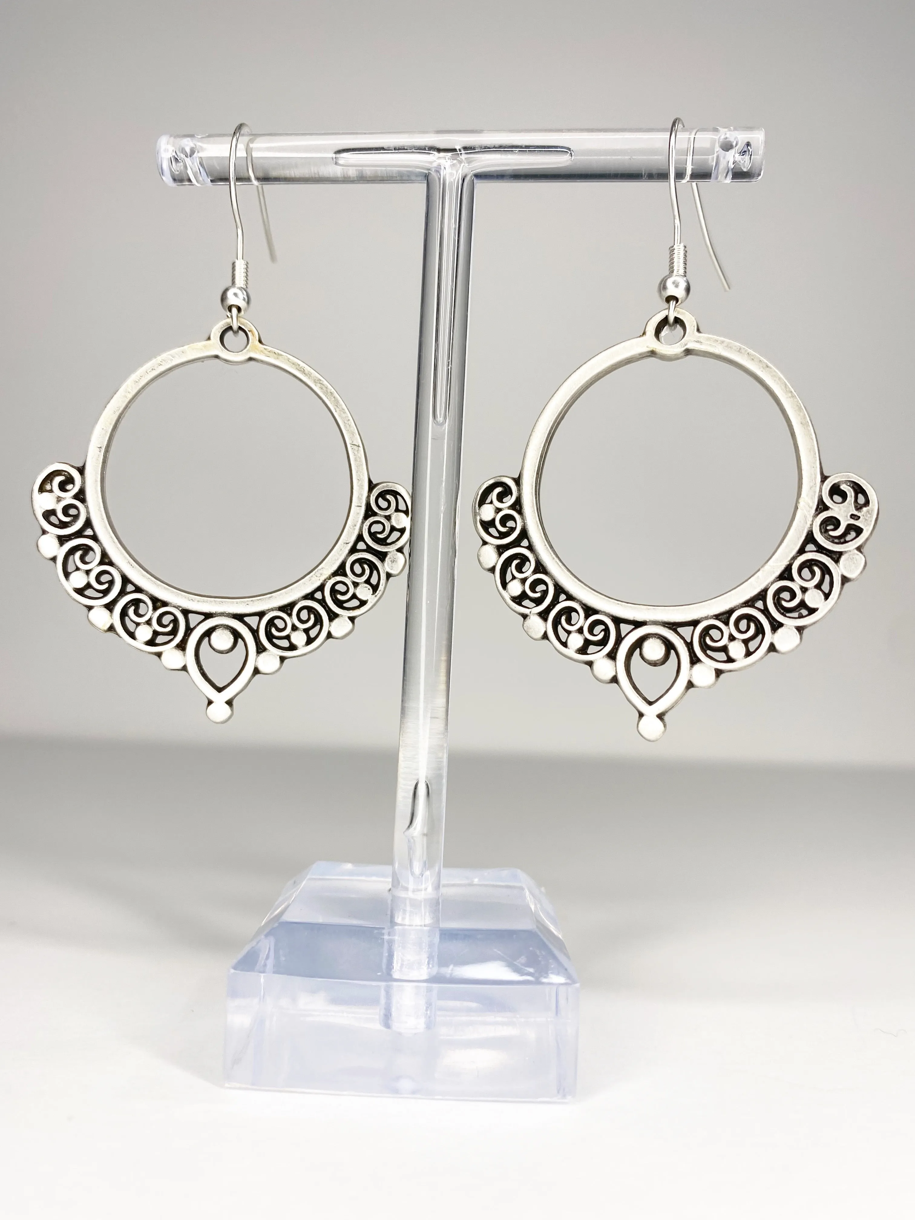 Hoop heart charm silver earrings, Sterling silver jewelry