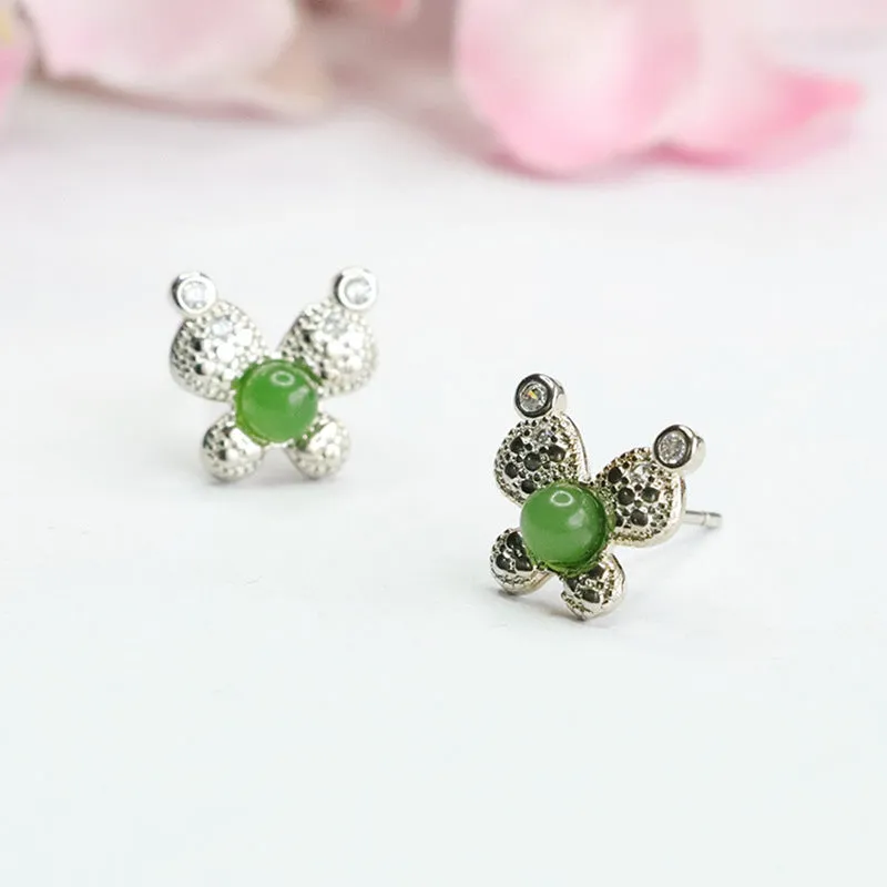 Hotan Jade Jasper Stud Earrings with Silver Bow Knot