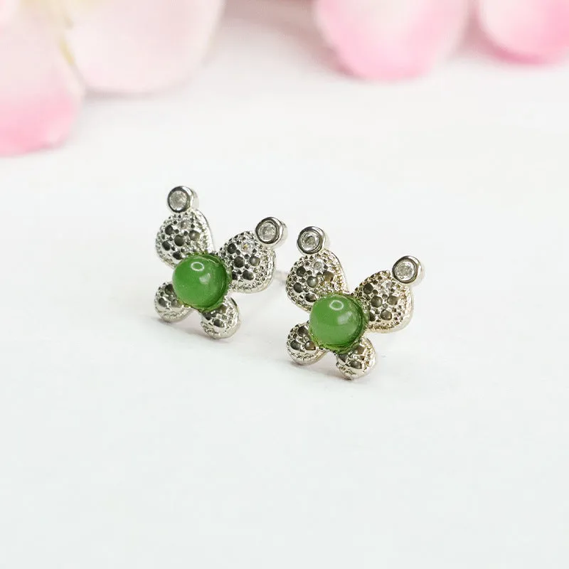 Hotan Jade Jasper Stud Earrings with Silver Bow Knot