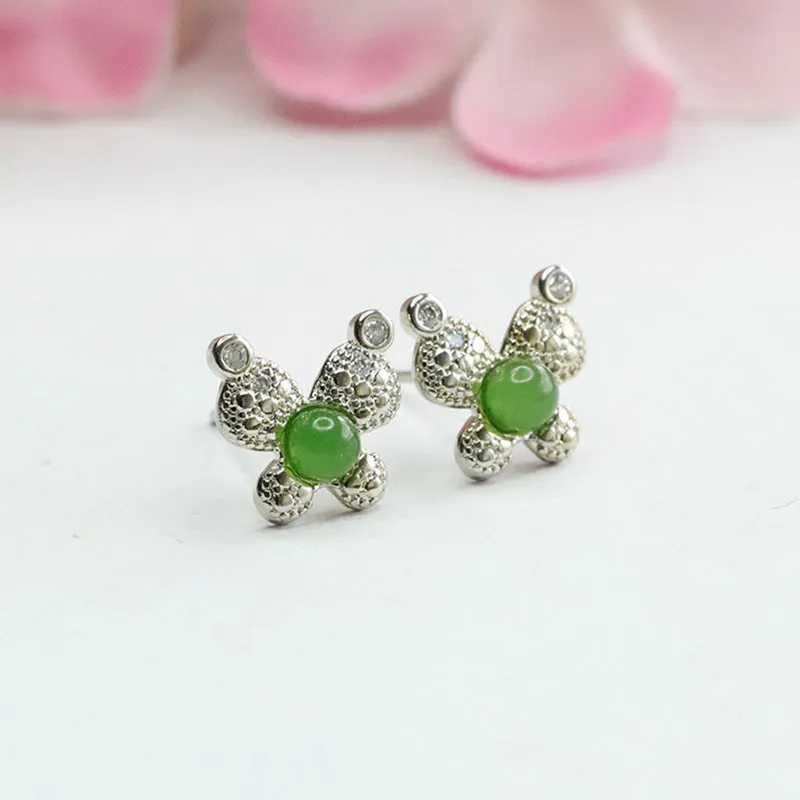 Hotan Jade Jasper Stud Earrings with Silver Bow Knot