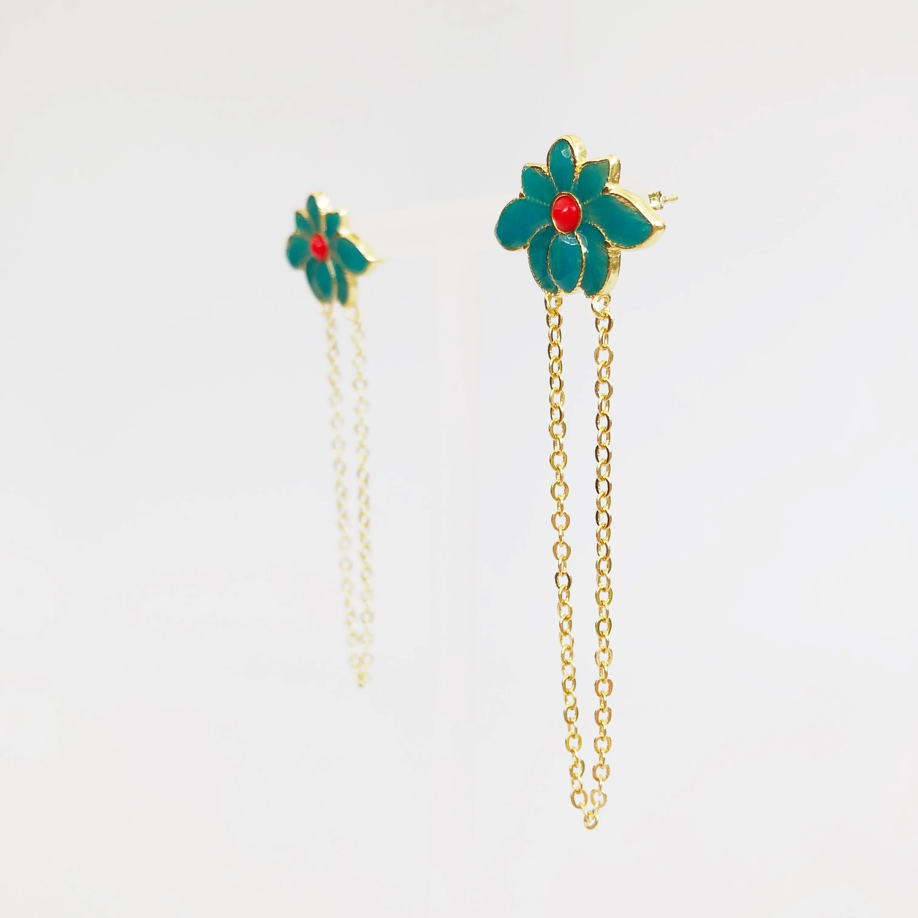 Imitation Kingfisher Enamel Lotus Dangle Chain Earrings