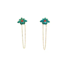 Imitation Kingfisher Enamel Lotus Dangle Chain Earrings