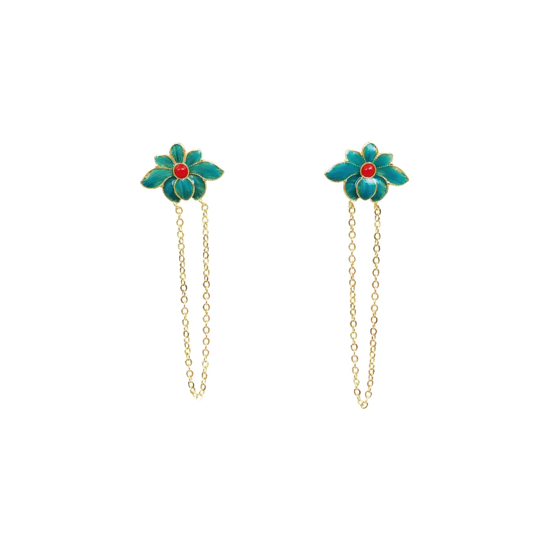 Imitation Kingfisher Enamel Lotus Dangle Chain Earrings