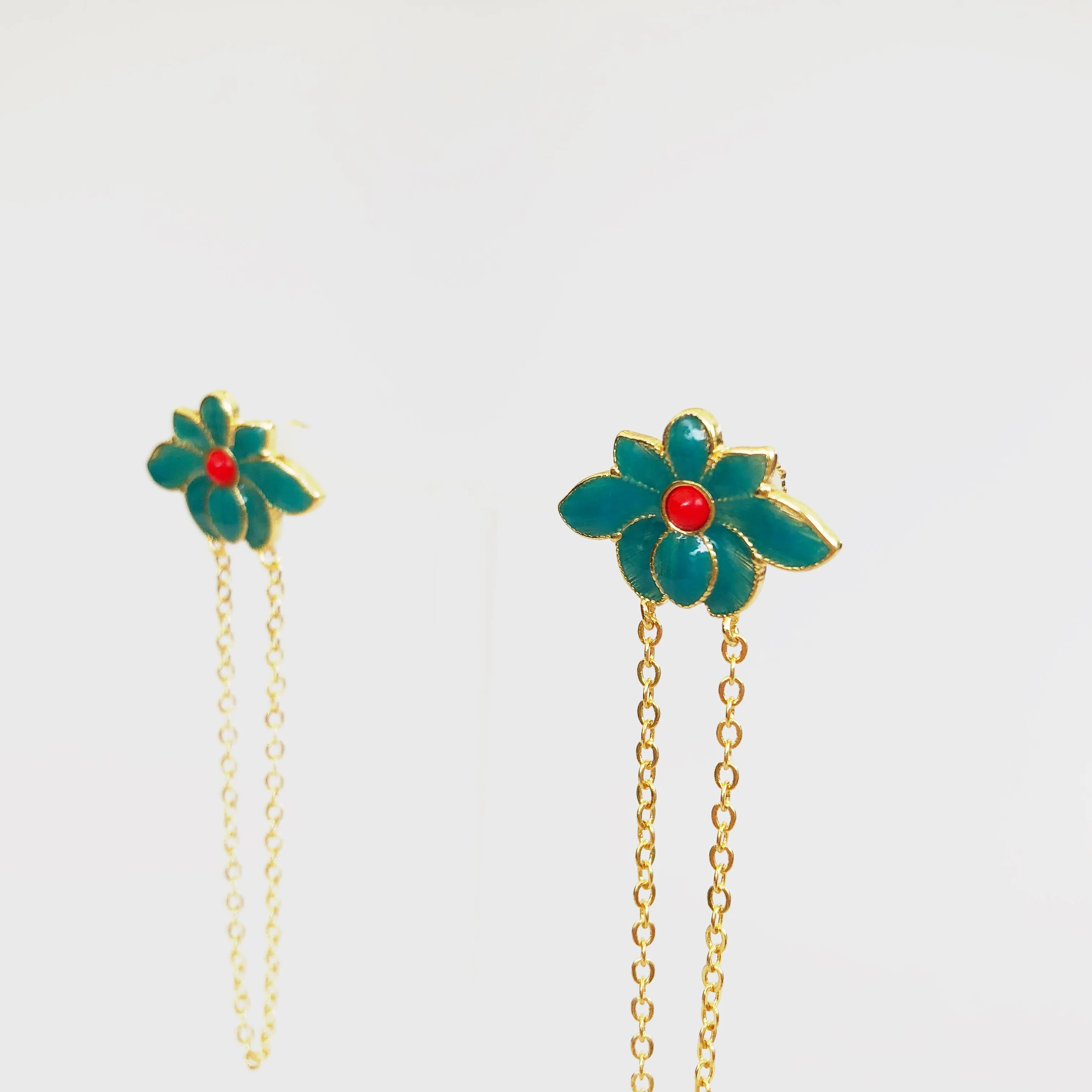 Imitation Kingfisher Enamel Lotus Dangle Chain Earrings