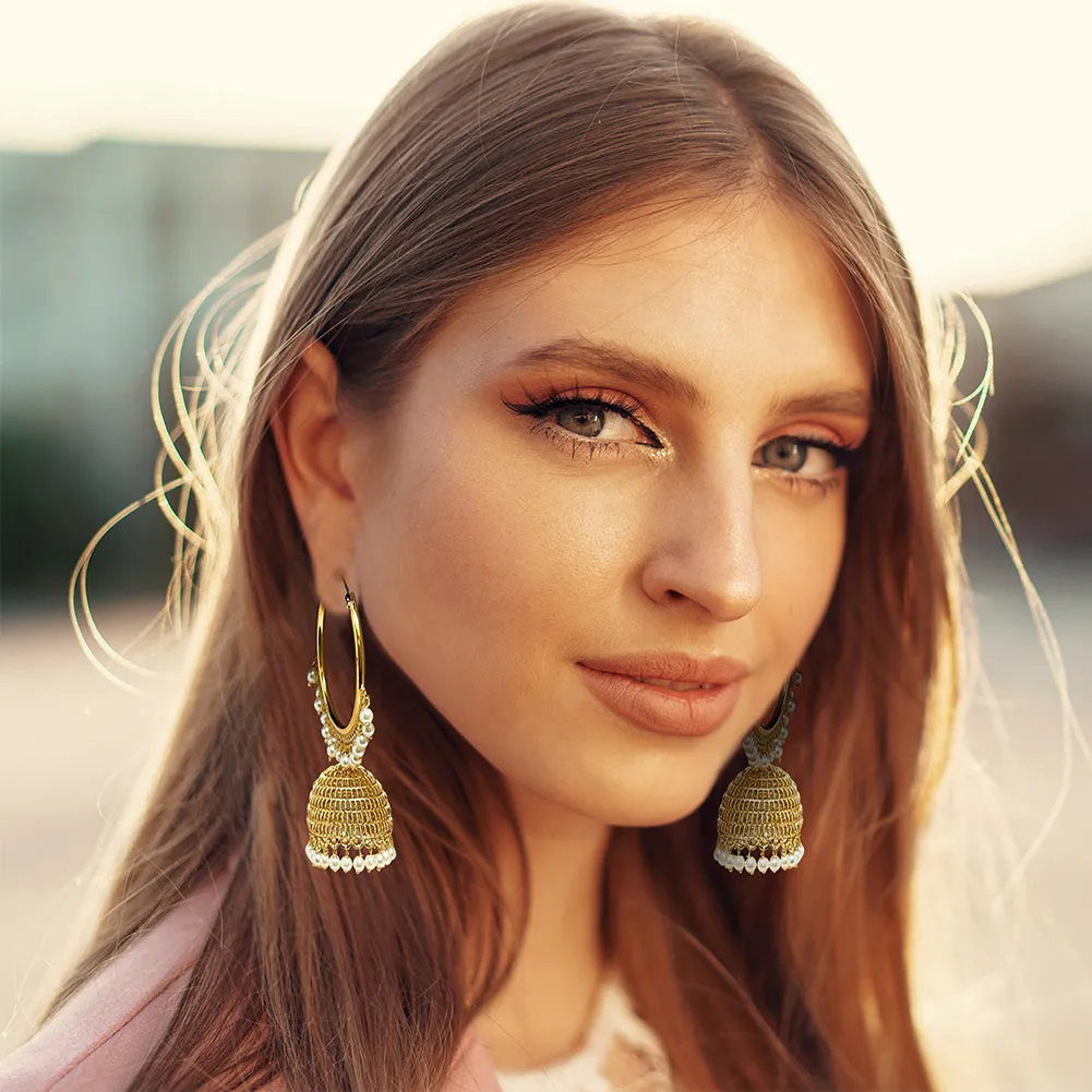 Indian Gold Plated Hoop Chandelier Jhumka Earrings with Tiny White Pearls and Zircon - Duel On Jewel