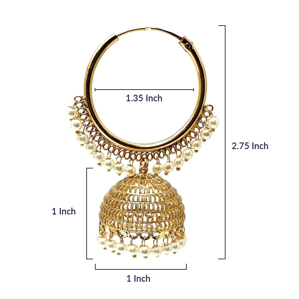 Indian Gold Plated Hoop Chandelier Jhumka Earrings with Tiny White Pearls and Zircon - Duel On Jewel