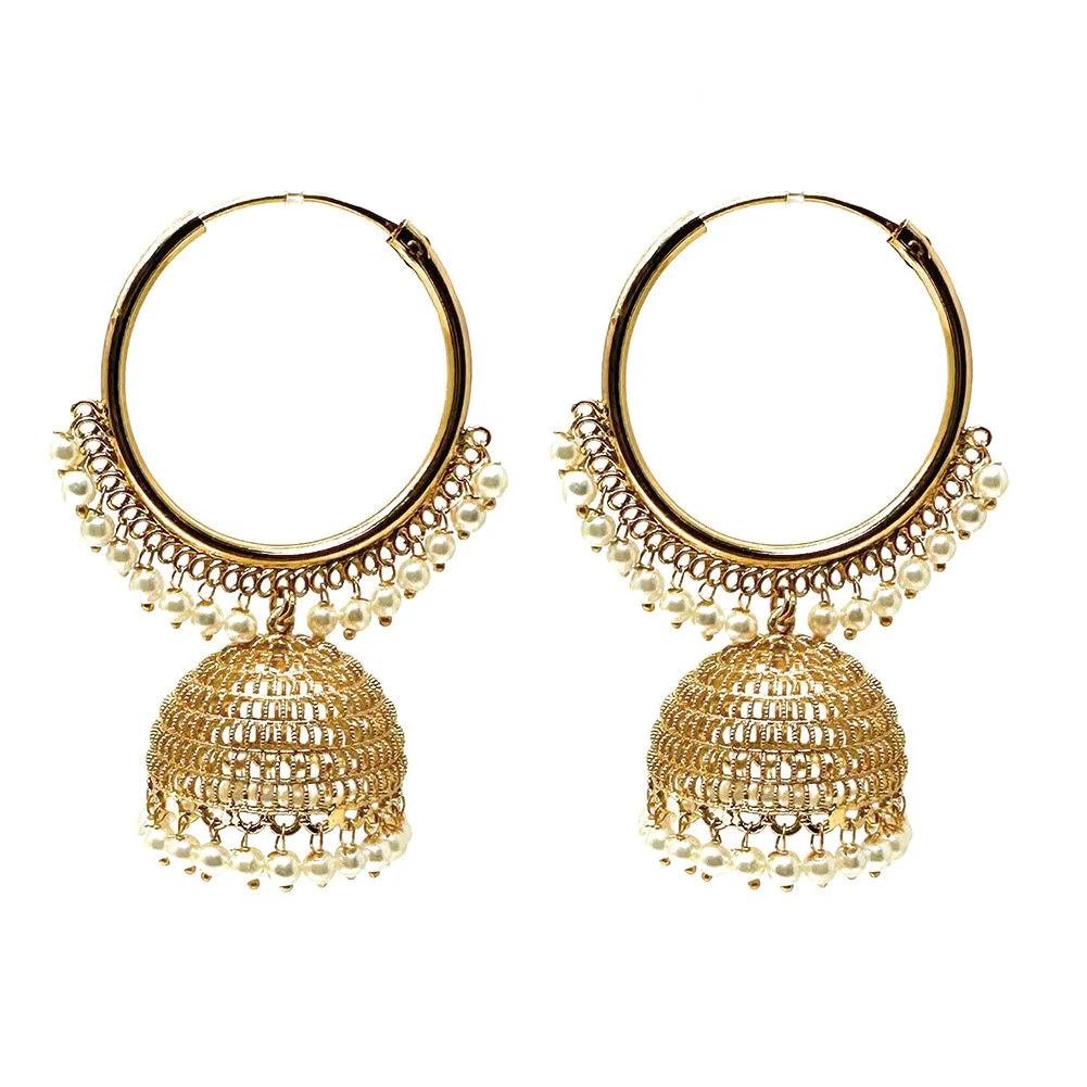 Indian Gold Plated Hoop Chandelier Jhumka Earrings with Tiny White Pearls and Zircon - Duel On Jewel