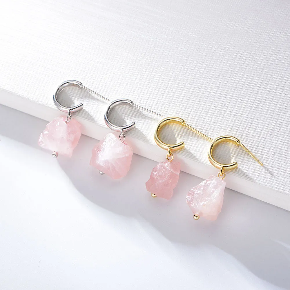 Irregular Natural Pink Crystal Silver Drop Earrings for Women