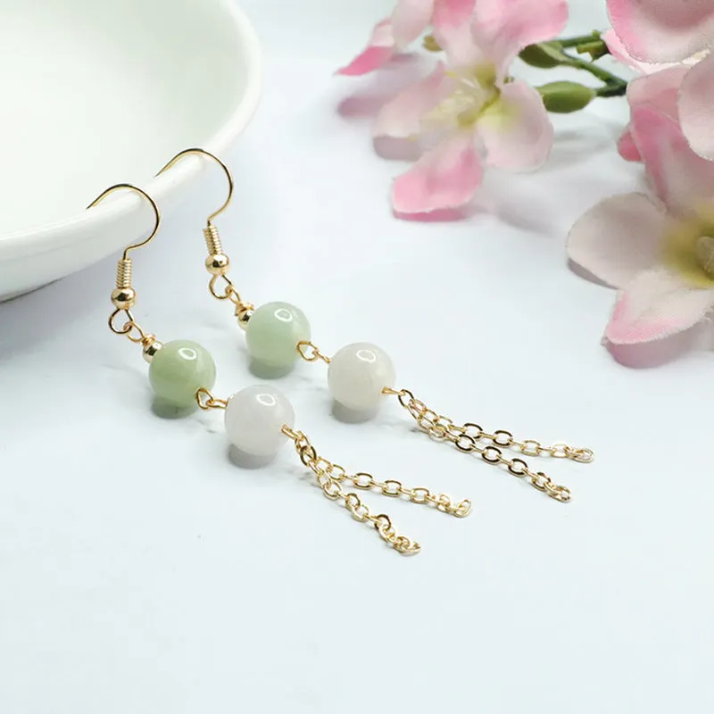 Jade Double Bead Tassel Earrings with Sterling Silver Ear Hooks