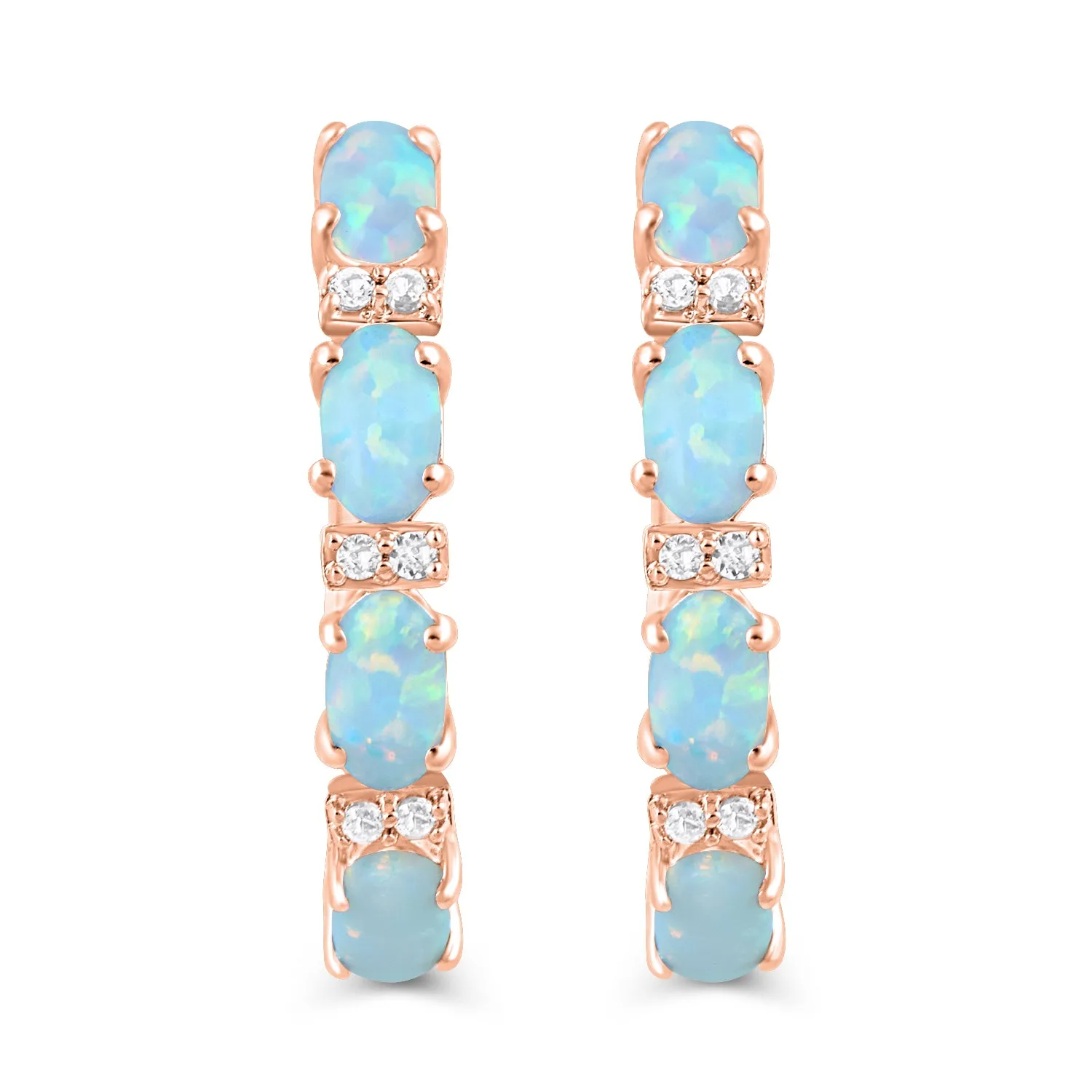 Jewelili 14K Rose Gold Over Sterling Silver with Oval Cut Created Opal and Round Created White Sapphire Hoop Earrings